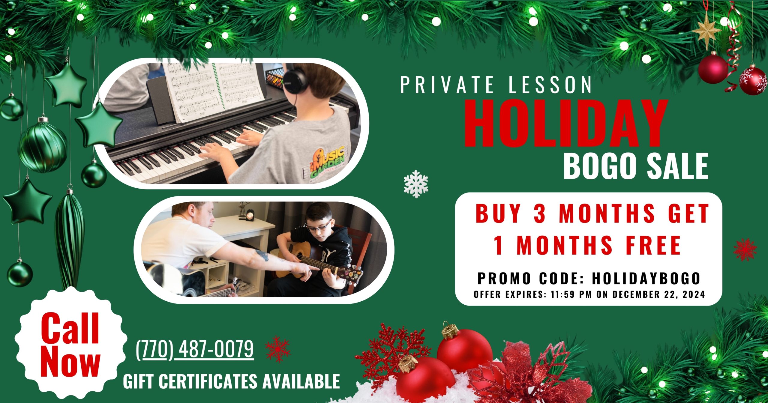 Holiday Private Lesson BOGO Buy 3 Months Get 1 Month FREE